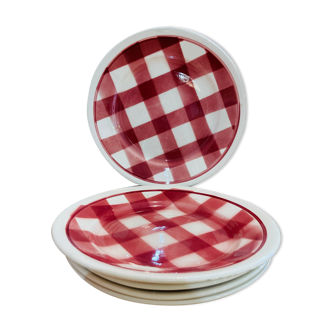 X5 petites assiettes à carreaux rouge esprit faiencerie nouvelle -france-retro-vintage