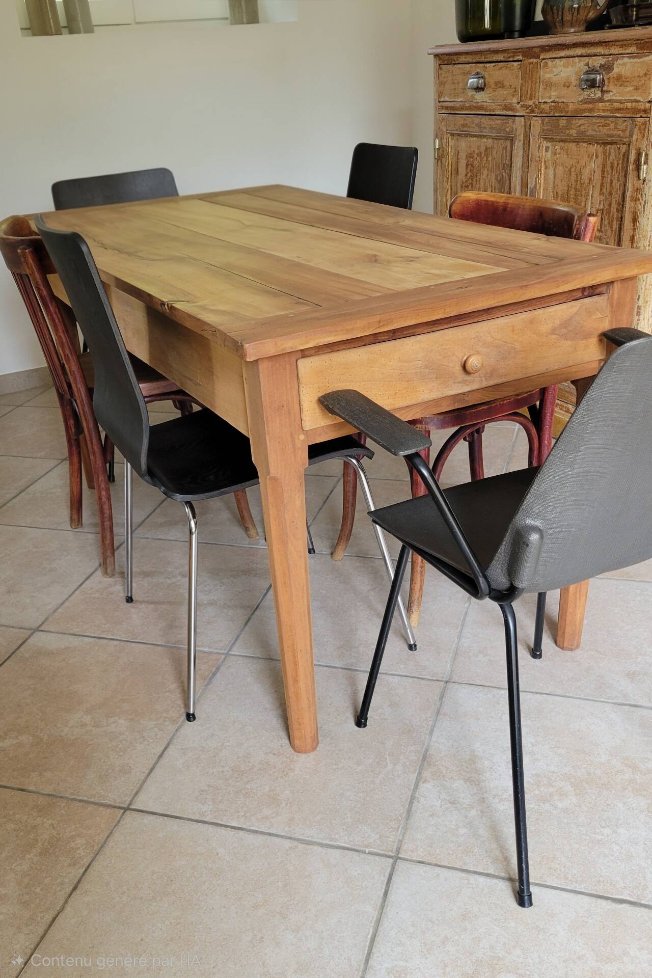 Old farmhouse table made of solid walnut wood.