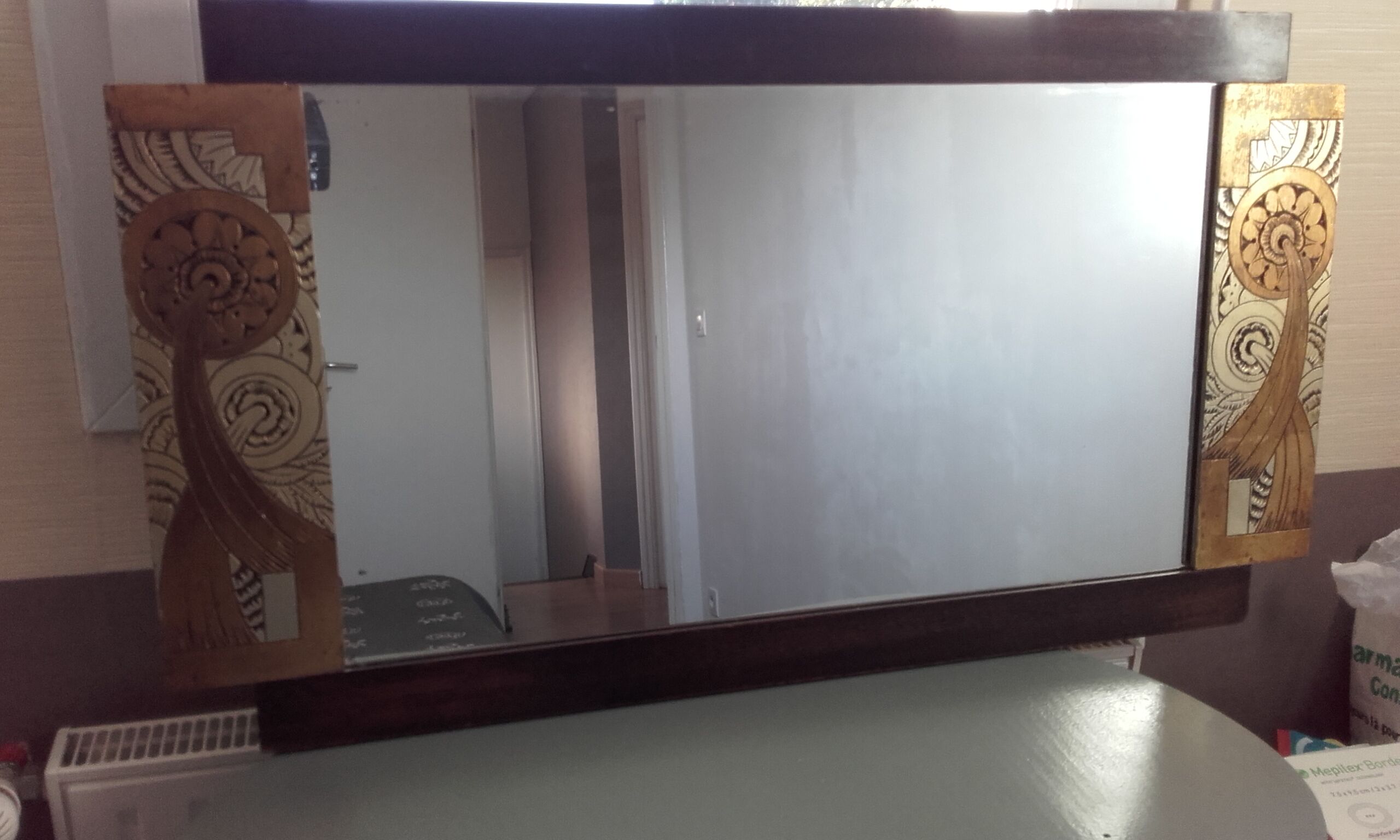 Miroir art deco sculpte & décor bois dore  94.5x52cm