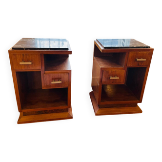 Paire de tables de chevet en bois et en marbre d'époque Art Déco