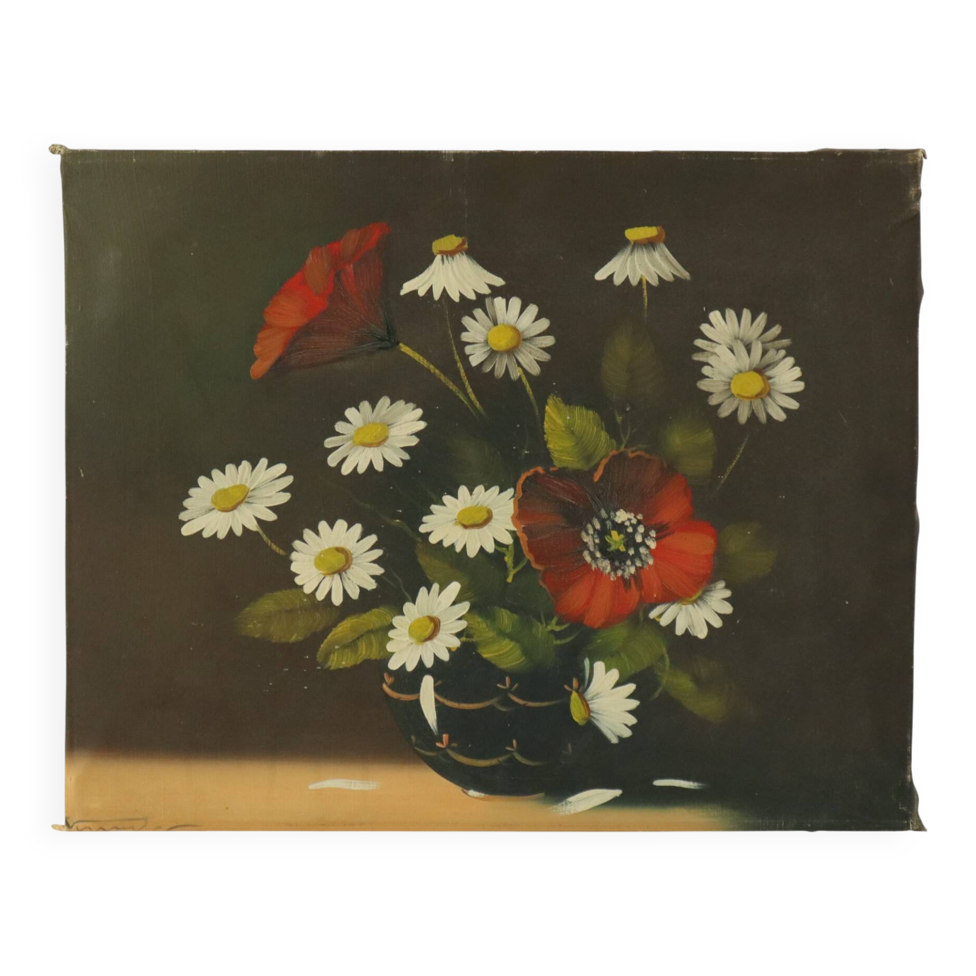 Flowers Still Life Painting Daisies Poppy Signed 47x38cm