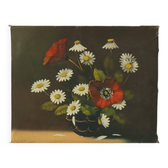 Flowers Still Life Painting Daisies Poppy Signed 47x38cm