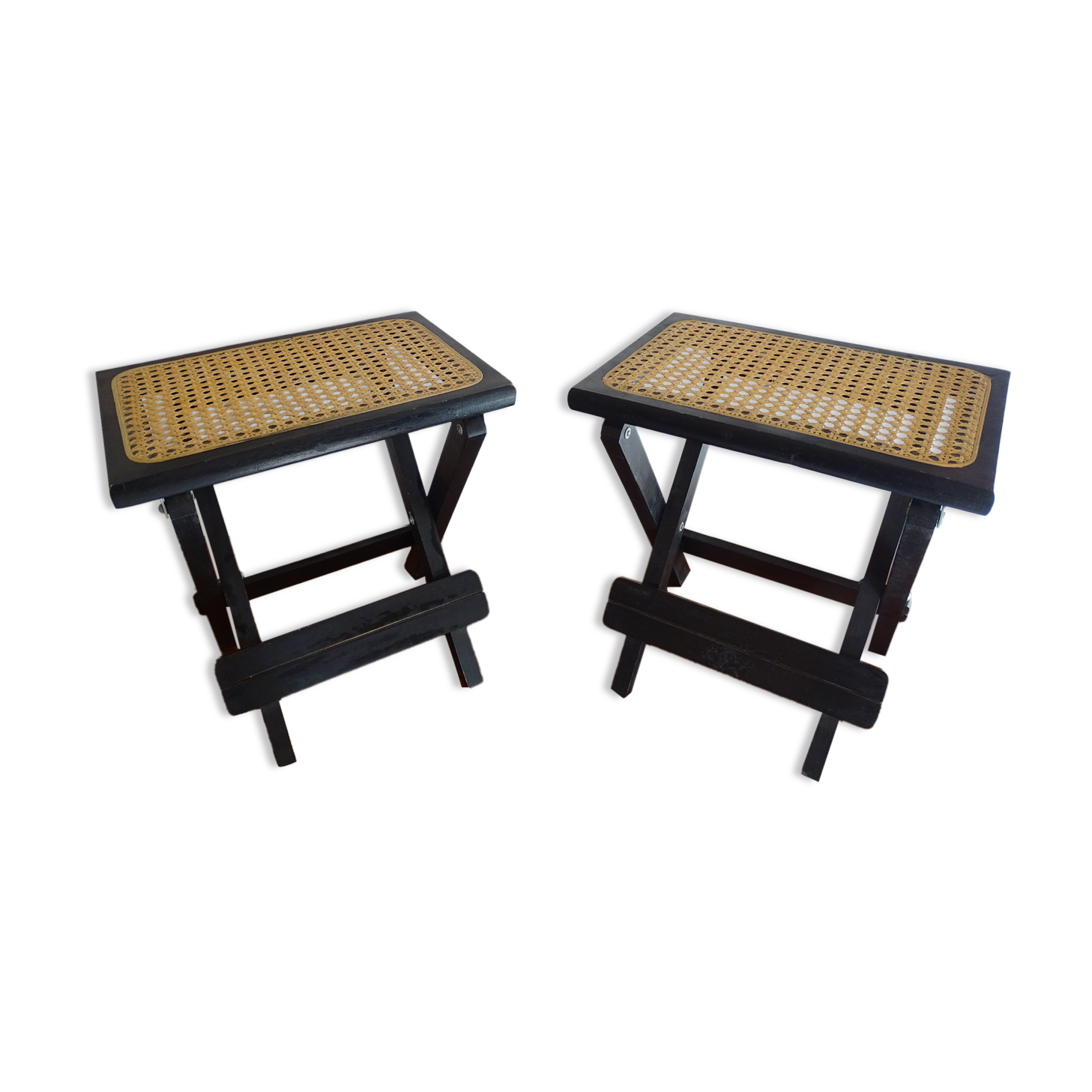 Pair of folding stools wood and wicker