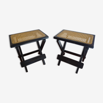 Pair of folding stools wood and wicker