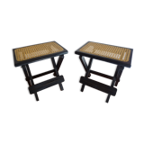 Pair of folding stools wood and wicker