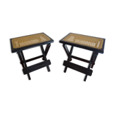 Pair of folding stools wood and wicker