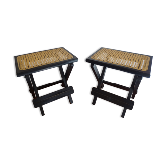 Pair of folding stools wood and wicker