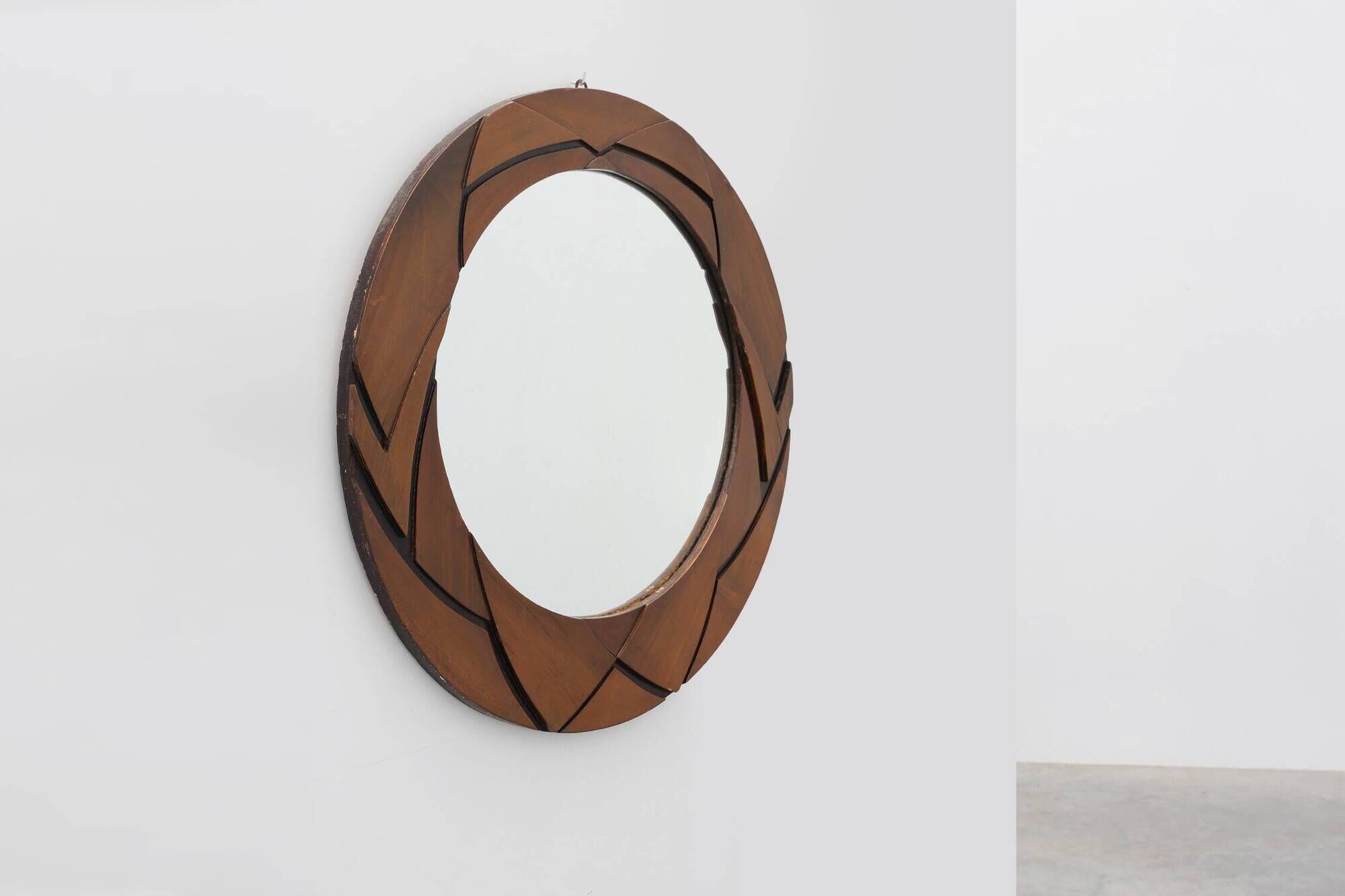 Belgian Art Deco Round Mirror with Geometric Wooden Frame, circa 1920