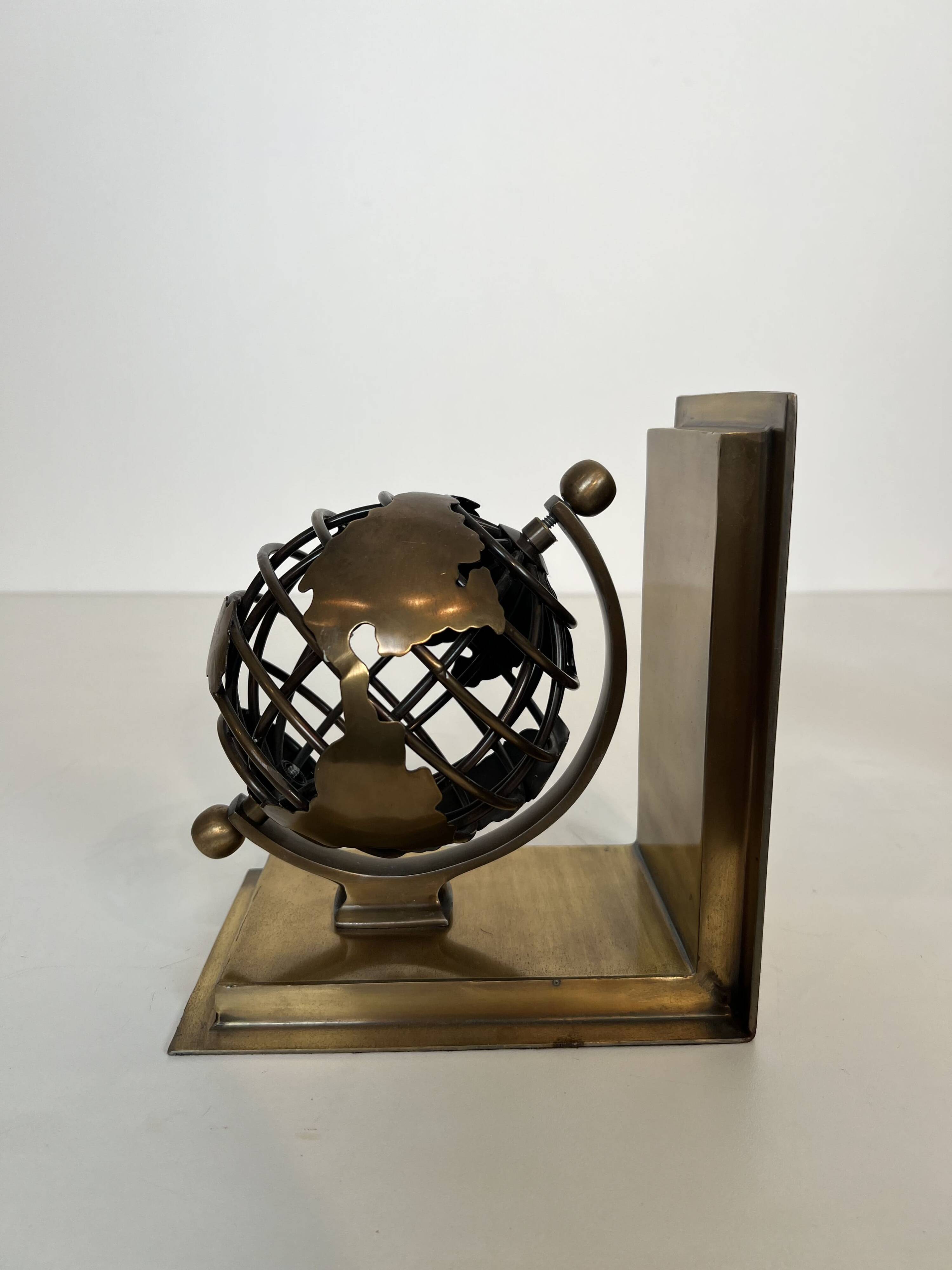 Pair of Brass Bookends with Openwork Globe Decorations. Work