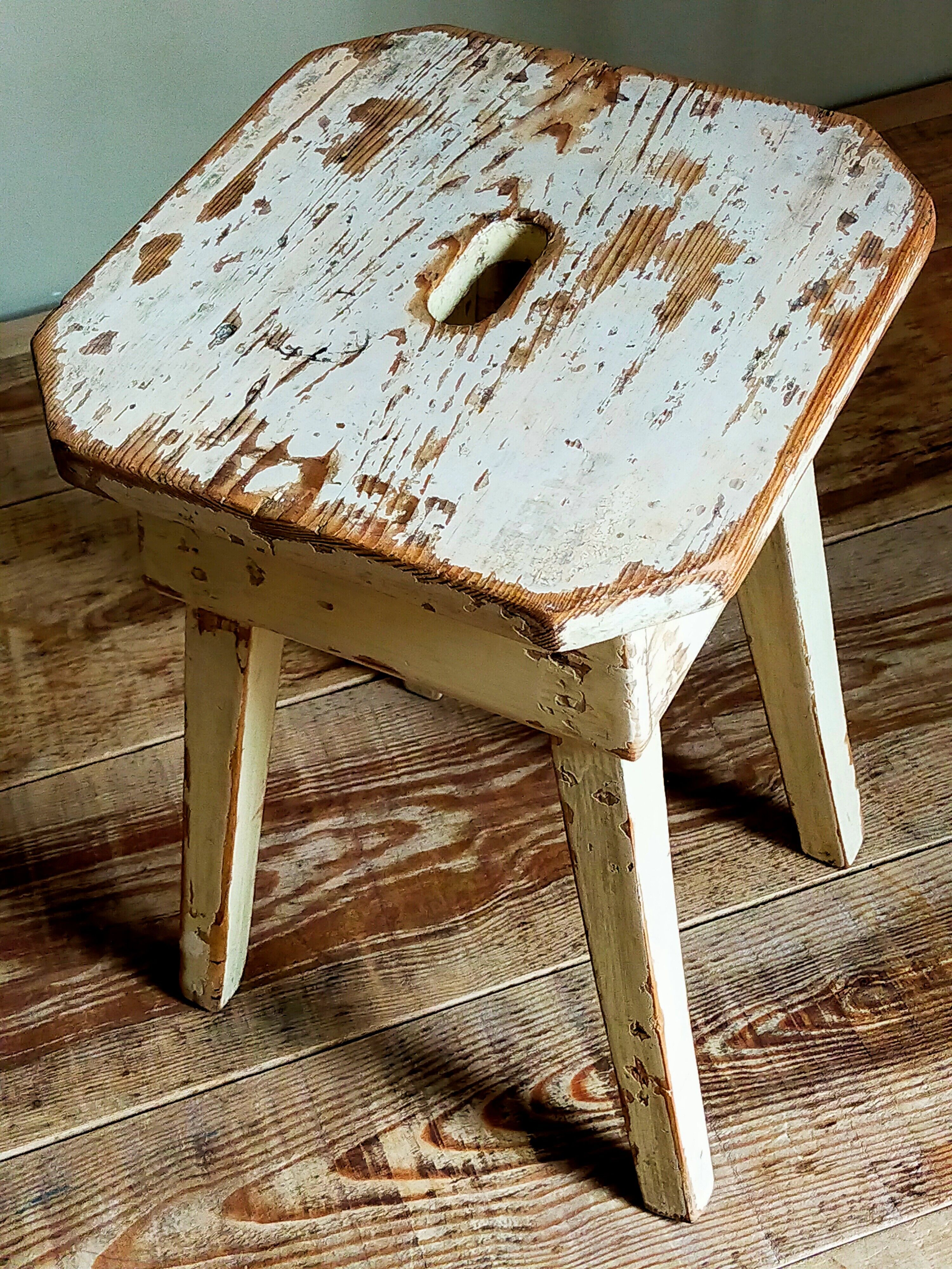 Workshop stool in antique patinated solid wood