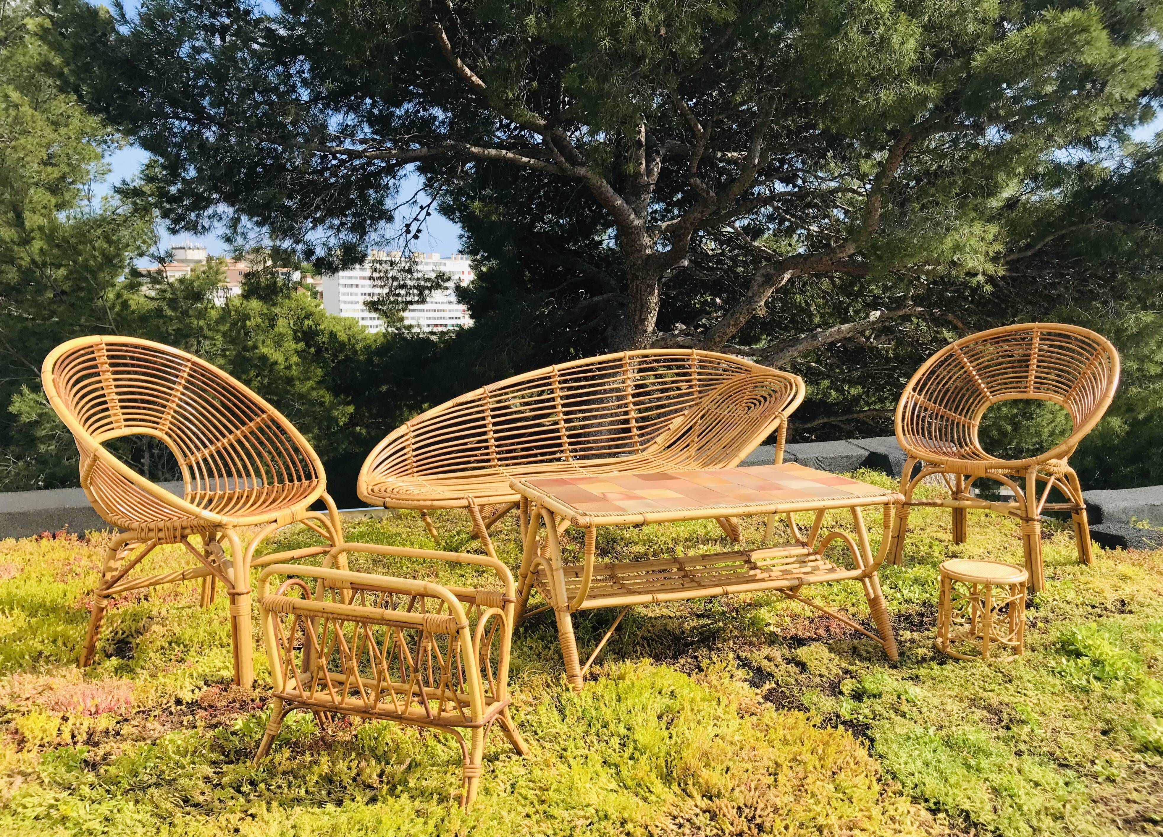 Rattan coffee table and ceramic tiles, France 60s