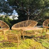 Rattan coffee table and ceramic tiles, France 60s