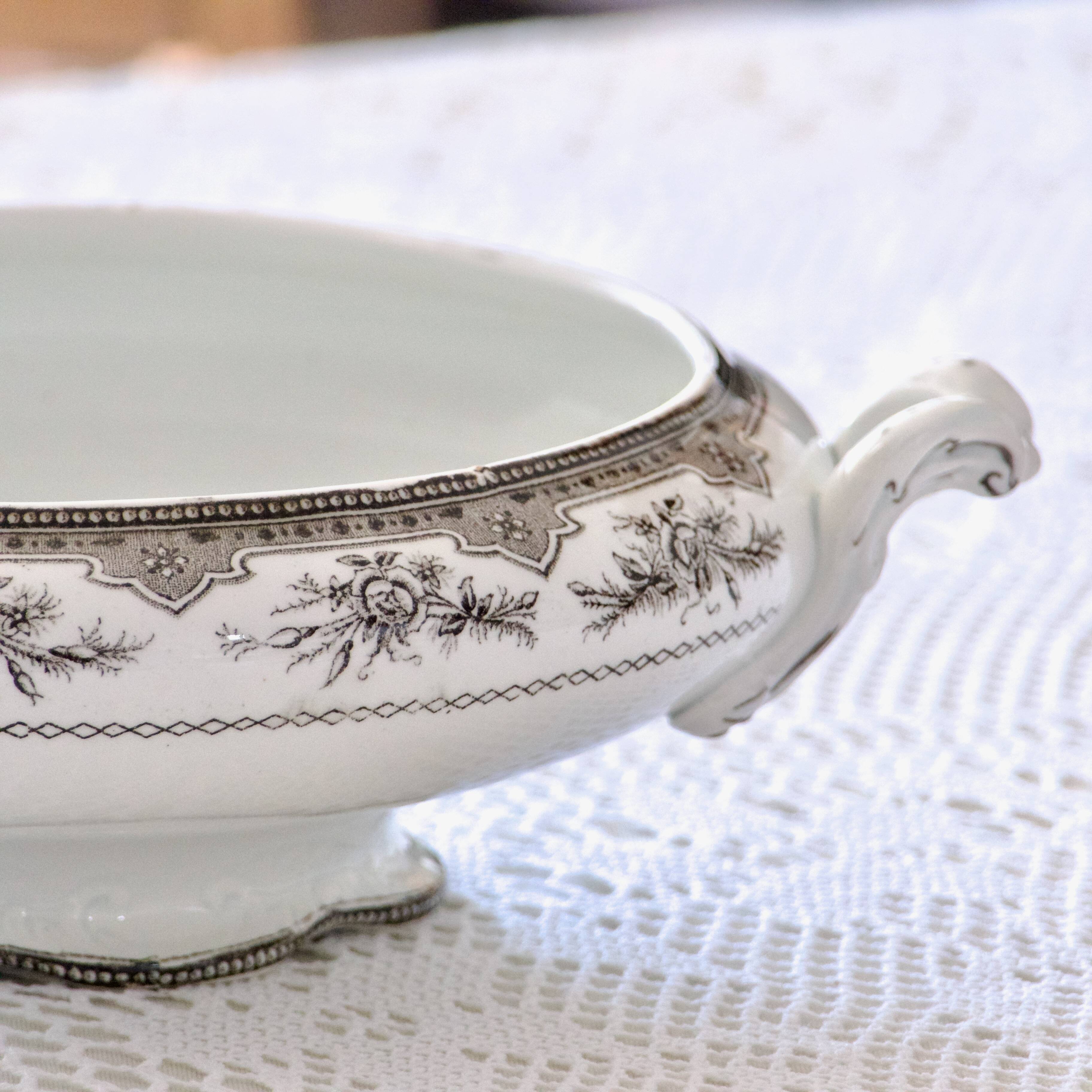 19th century vegetable dish, iron earth Onnaing, sepia, moss roses