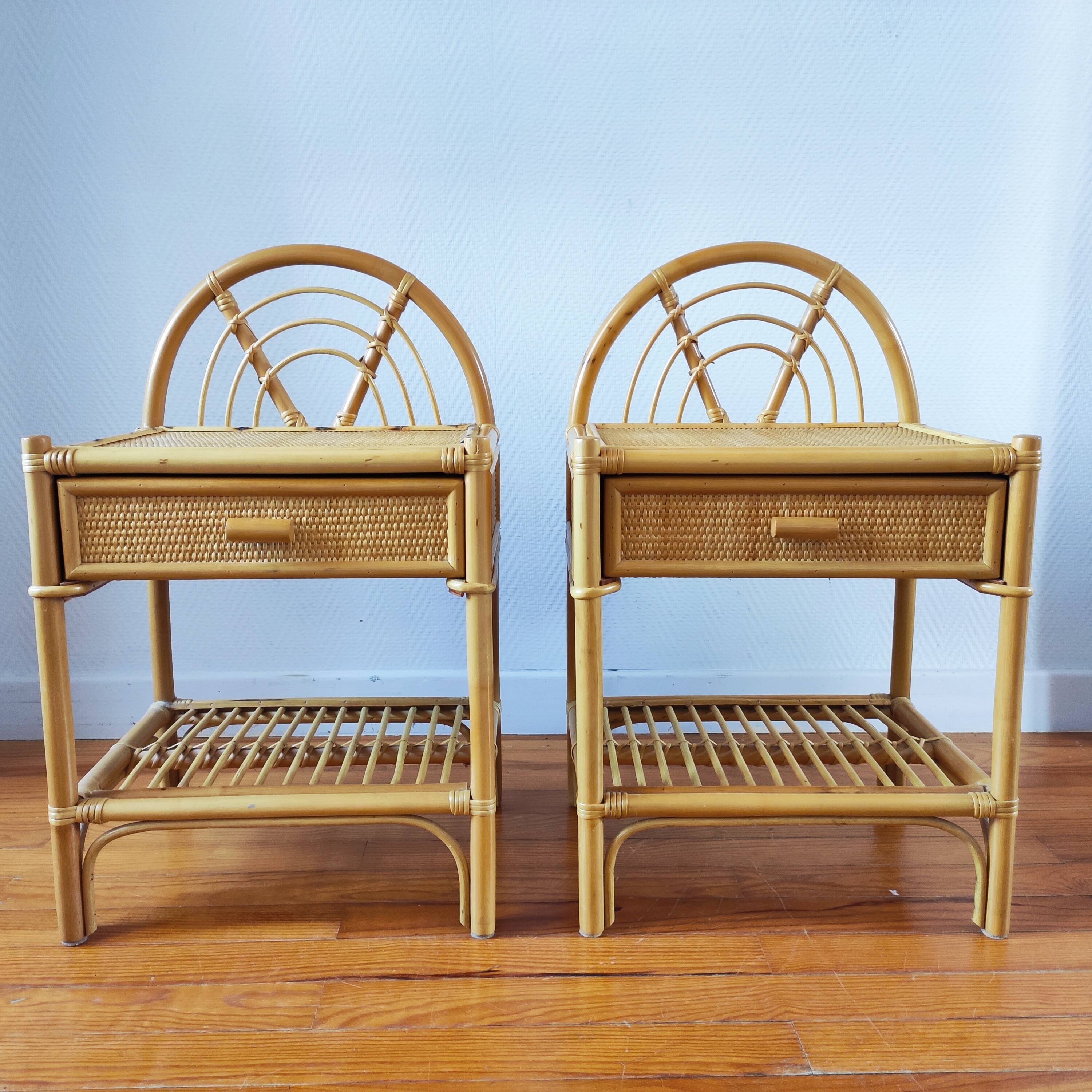 Pair of vintage bedside tables in light rattan