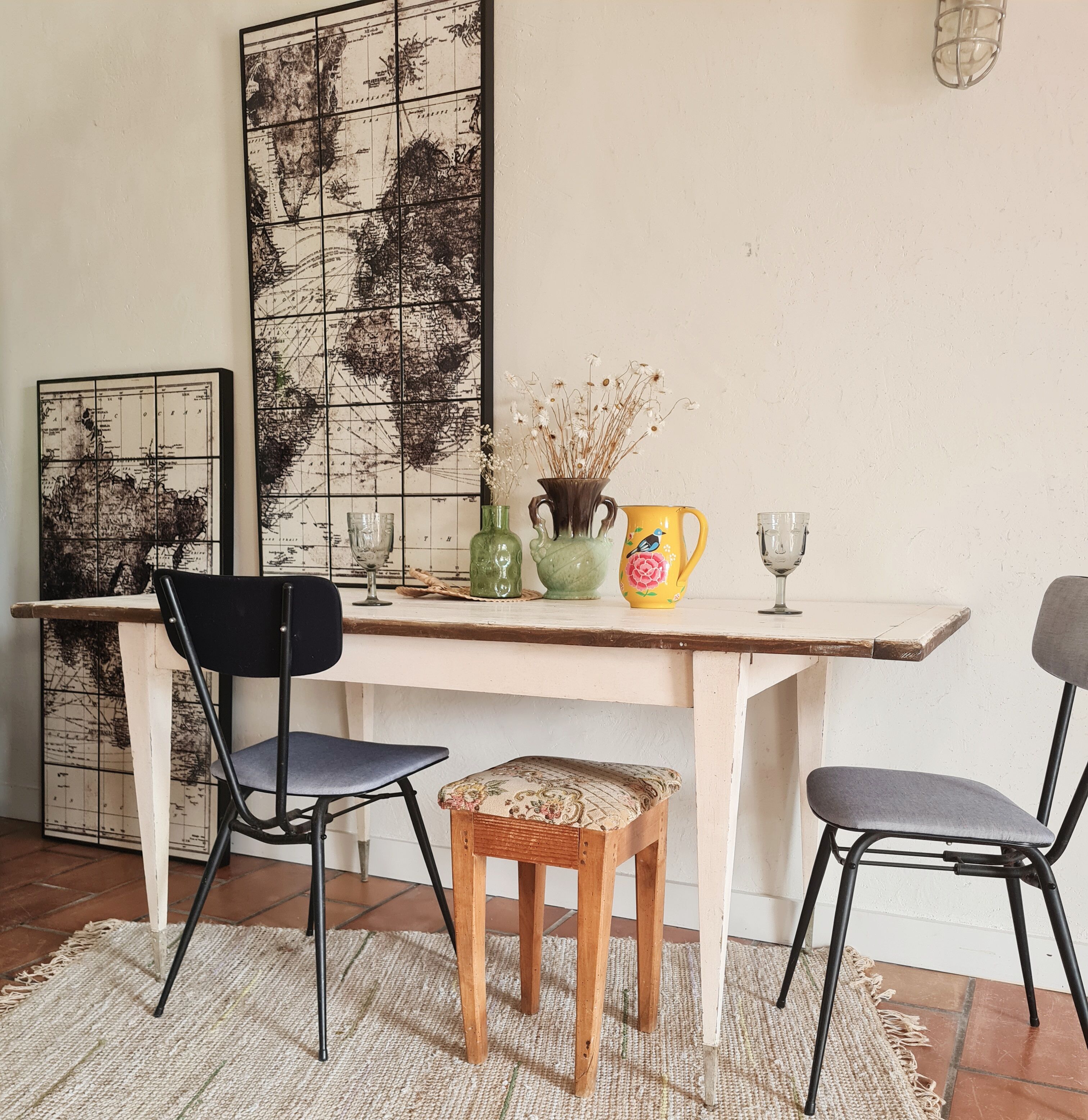 Old farmhouse table metal compass base