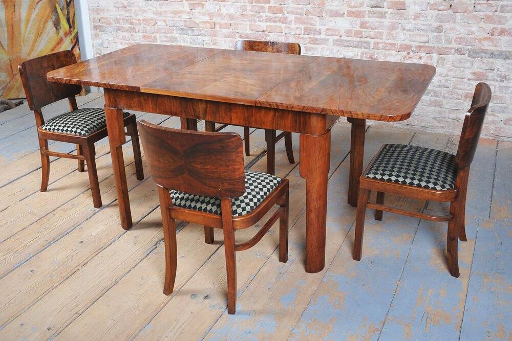 Art Deco Extendable Dining Table in Beech, Spruce and Walnut, Czech, 1930s