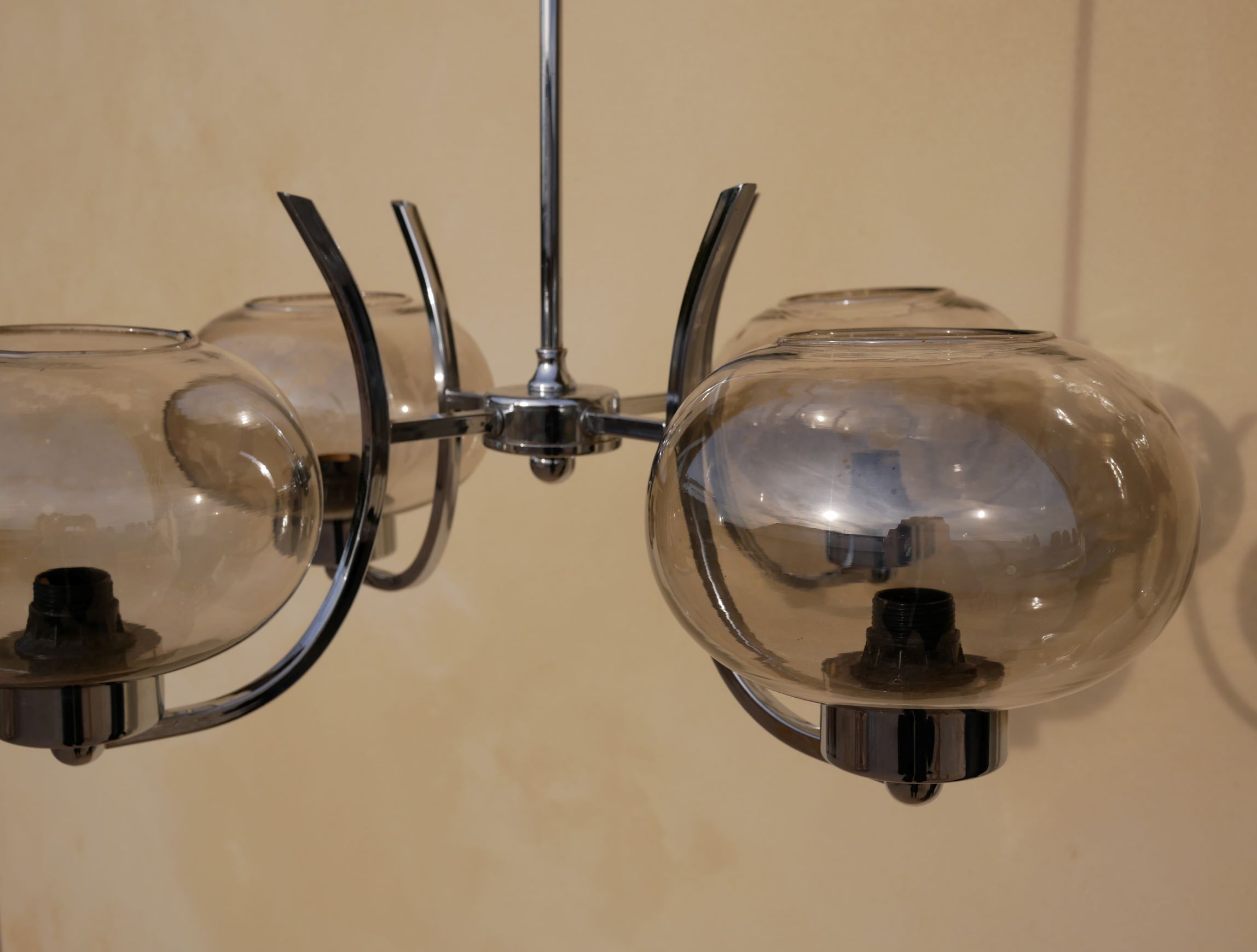 Chandelier 70s metal chrome with 4 glass globes