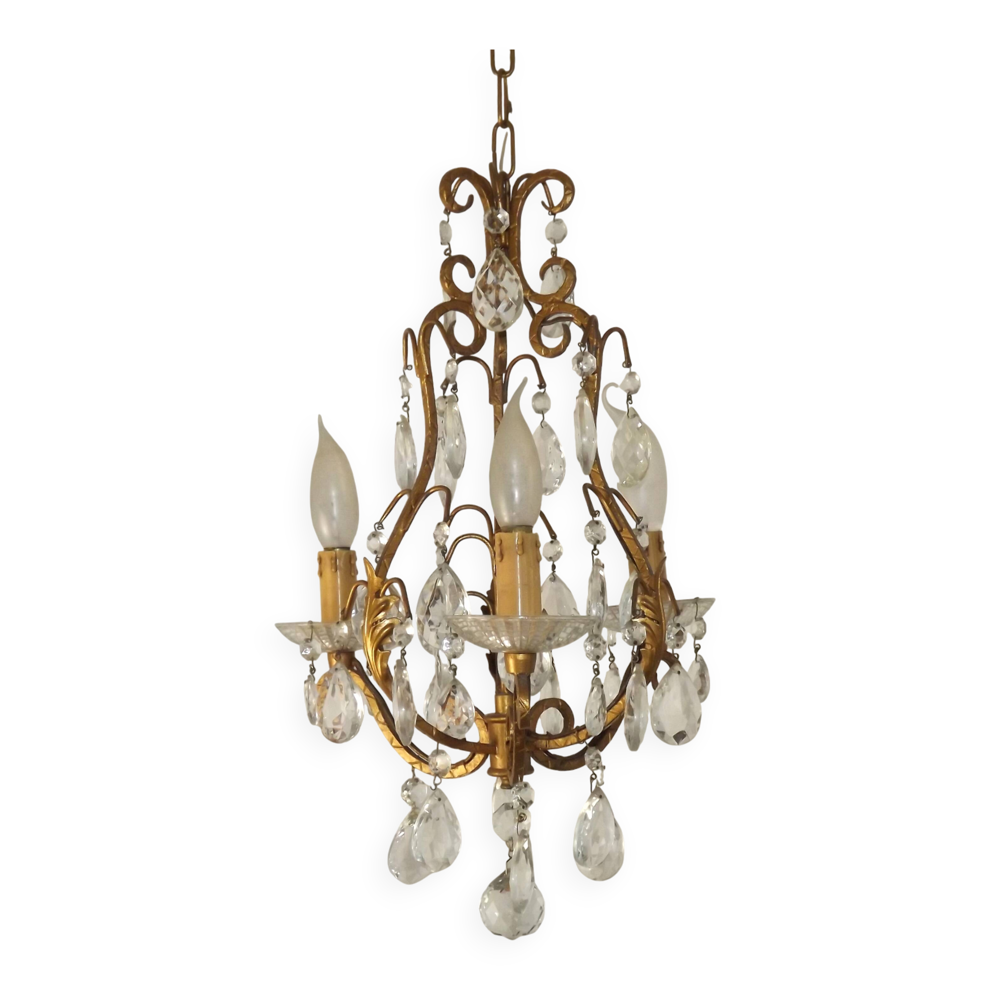 French Vintage Goldtone Metal & Crystal 3 Light Cage Chandelier 5502