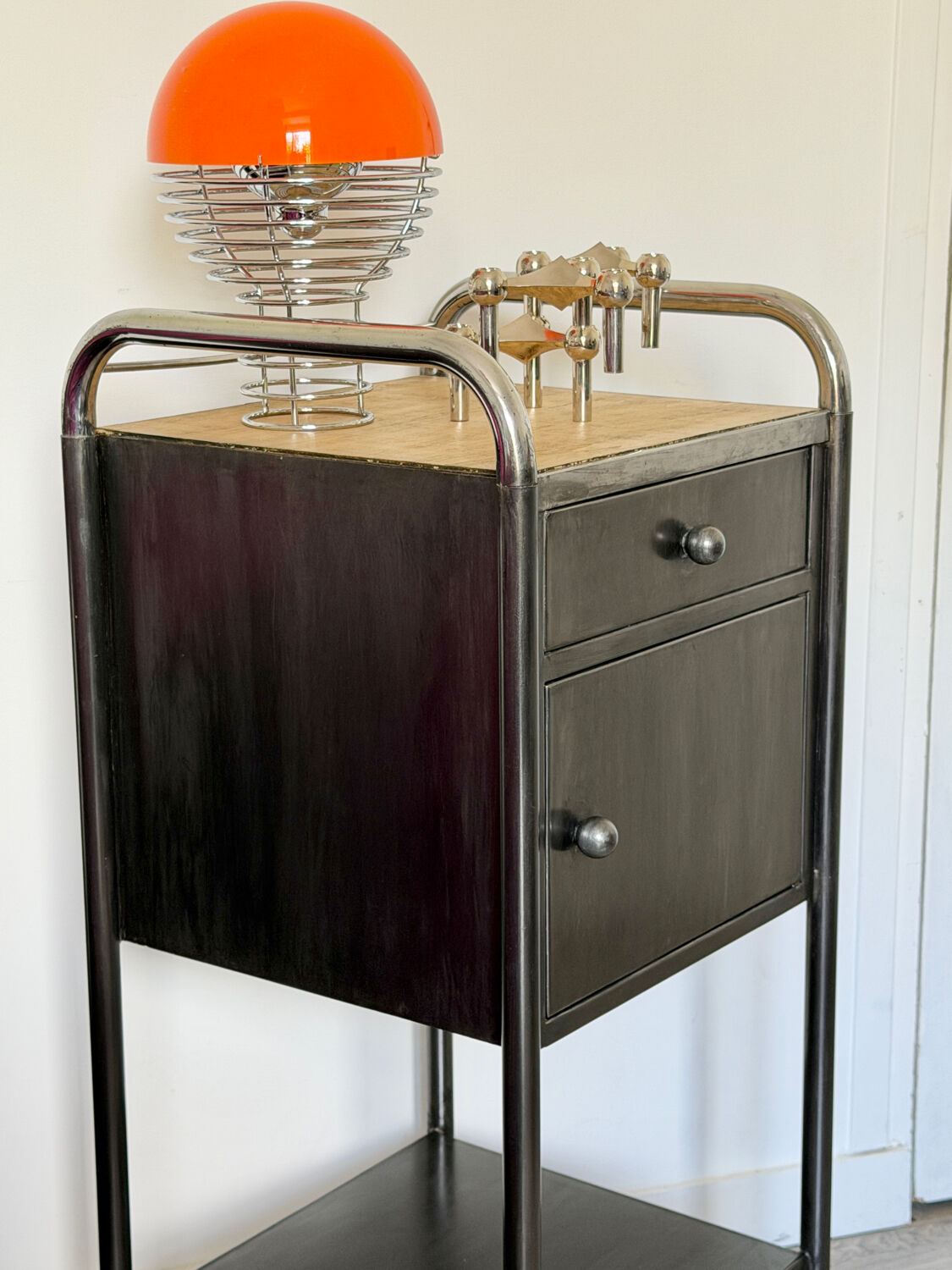 Vintage bedside table in brushed metal