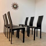 Lot 6 black leather chairs Italian design 80s Cattelan Italia vintage Lara model