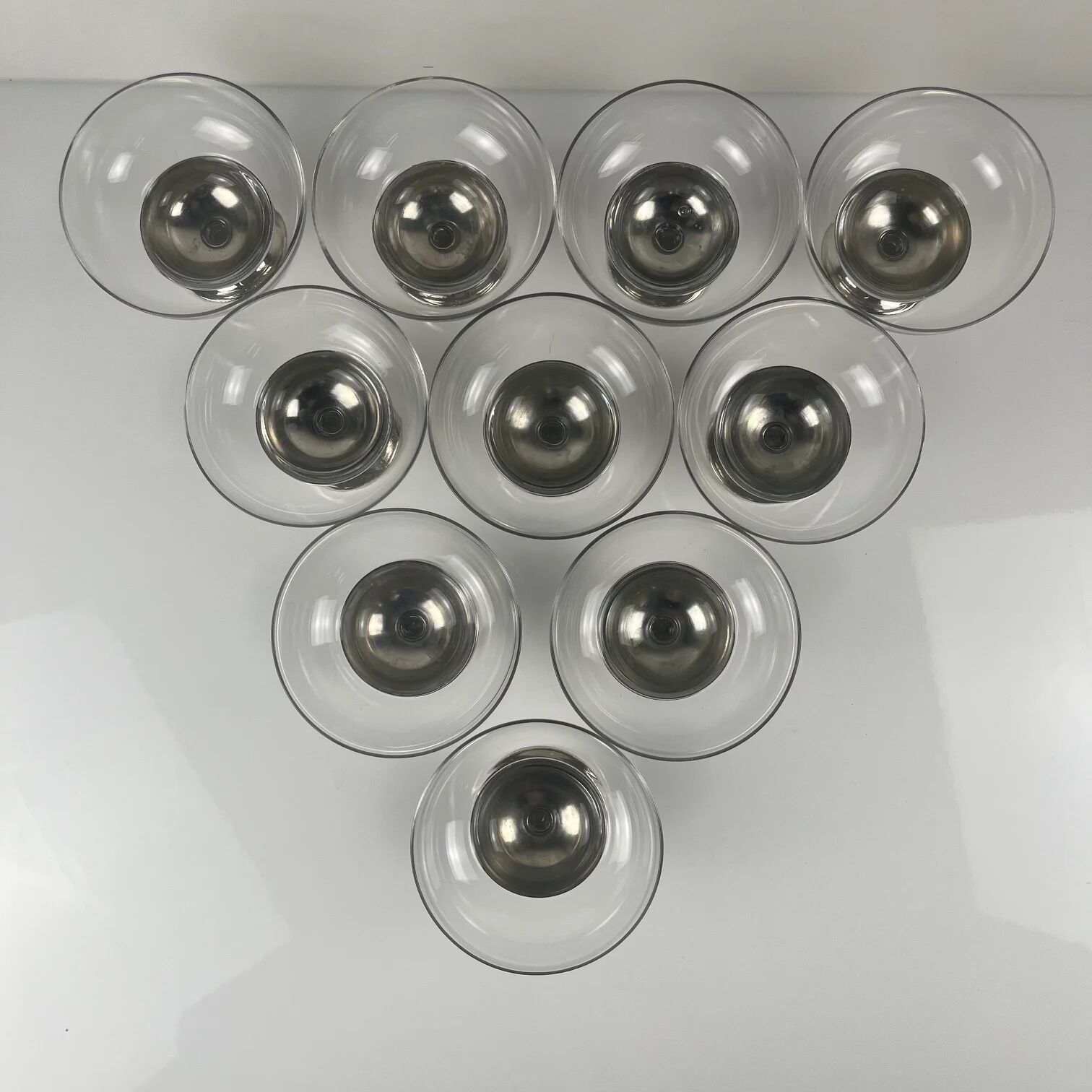 Set of 10 dessert / ice cream bowls, in glass and metal (silver?), 1970.