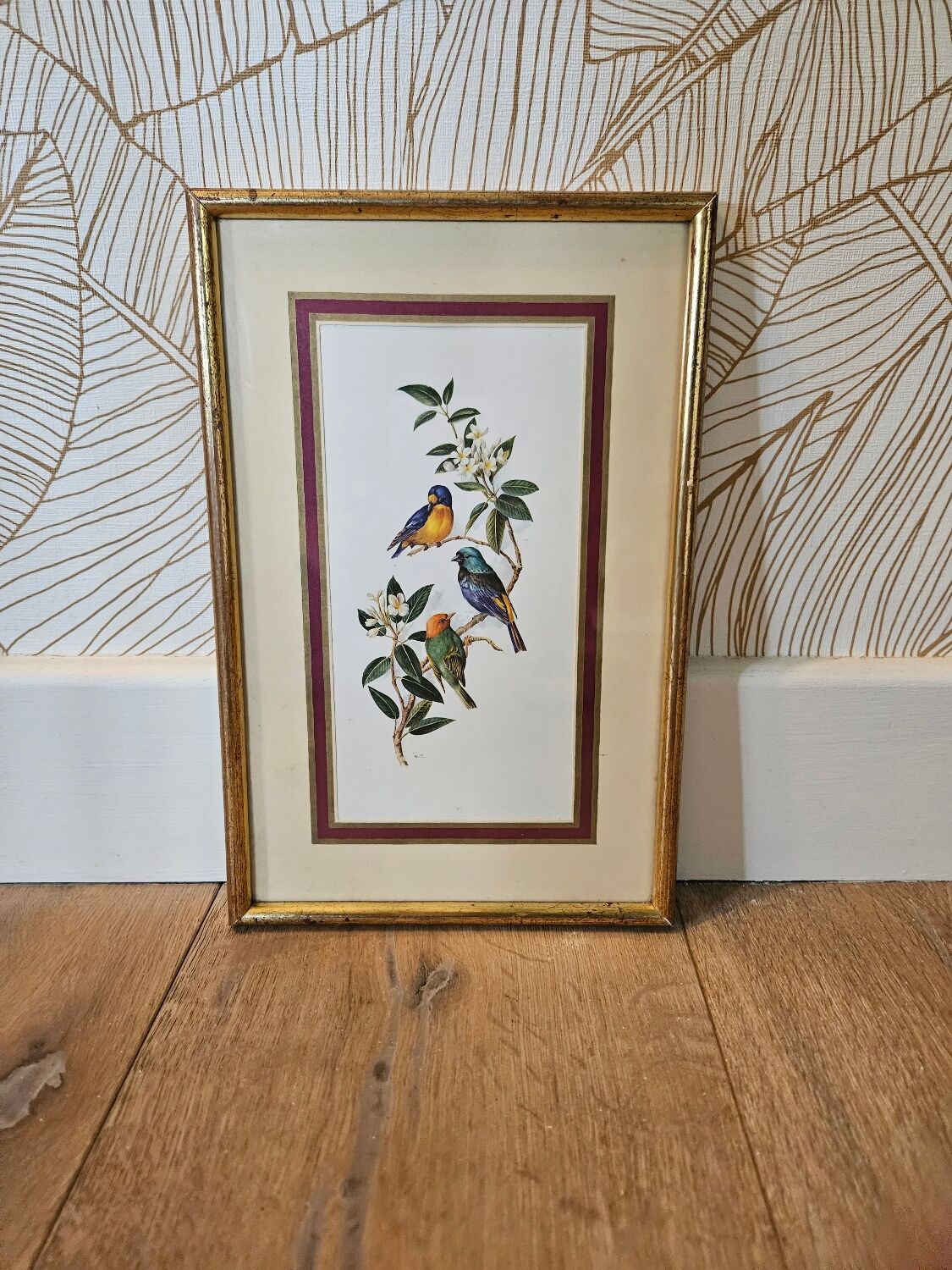 Lithograph Birds on a branch in gilded frame