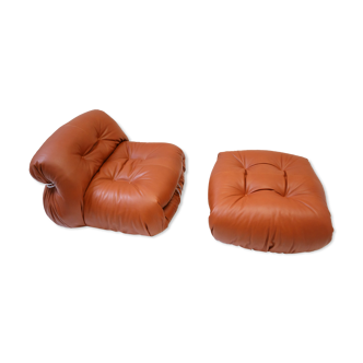 Soriana ottoman and armchair by Afra and Tobia Scarpa restyled in cognac leather