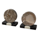 Vintage pair of bookends in fossilised coral agate | Stone disc-shaped bookends on a black marble base