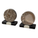 Vintage pair of bookends in fossilised coral agate | Stone disc-shaped bookends on a black marble base