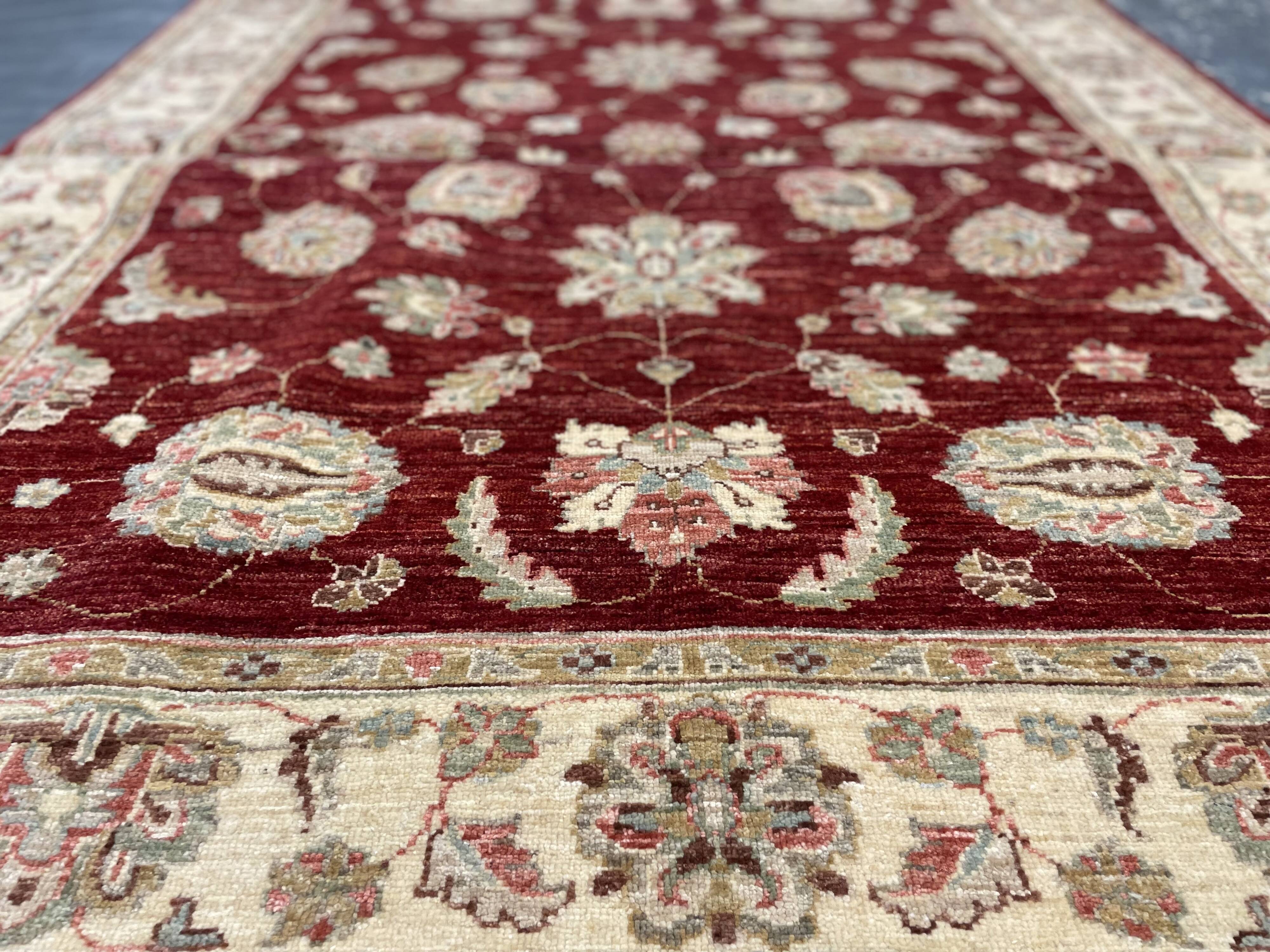 Tapis Zeigler en laine rouge fait main, motif floral, pour salon et séjour, 144 x 190 cm