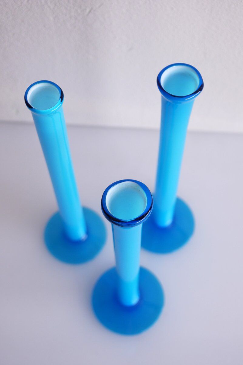 Vintage tall handblown orchid vases in azure blue by Artur Percy for Gullaskruf, 1970s, set of 3