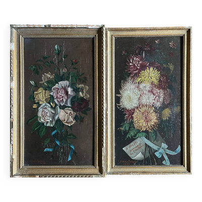 Tableaux pendant HSP Fleurs 1897 signés pour restauration