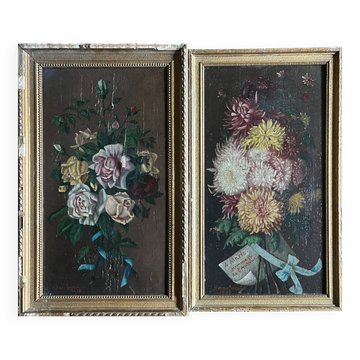 Tableaux pendant HSP Fleurs 1897 signés pour restauration