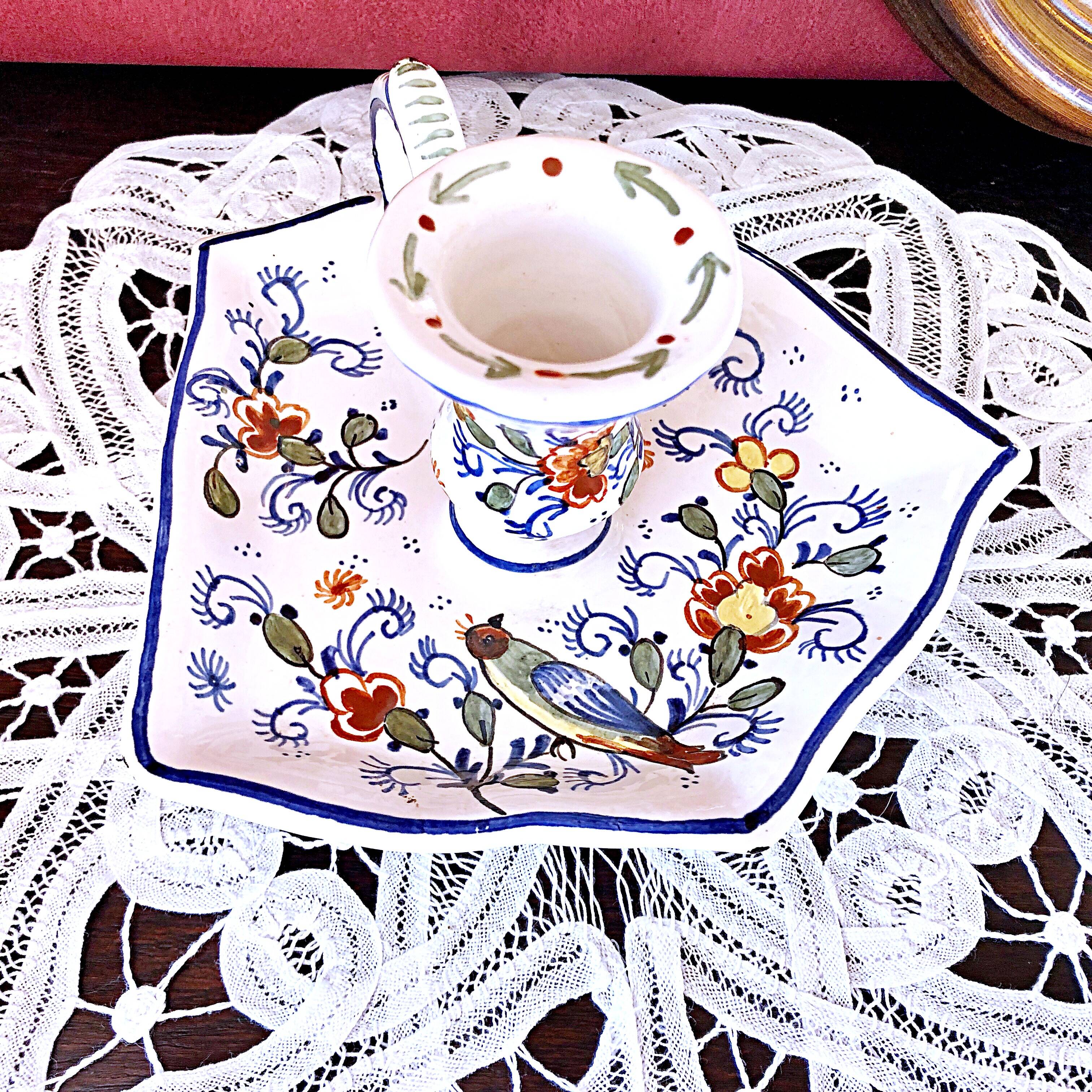 Handcrafted enameled ceramic candle holder signed vintage Rouen style decor