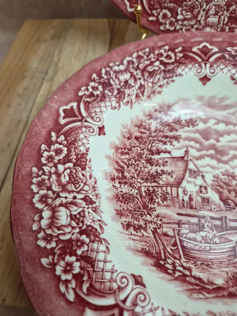 2 vintage deep plates in red Toile de Jouy by Grindley Homeland Staffordshire England.