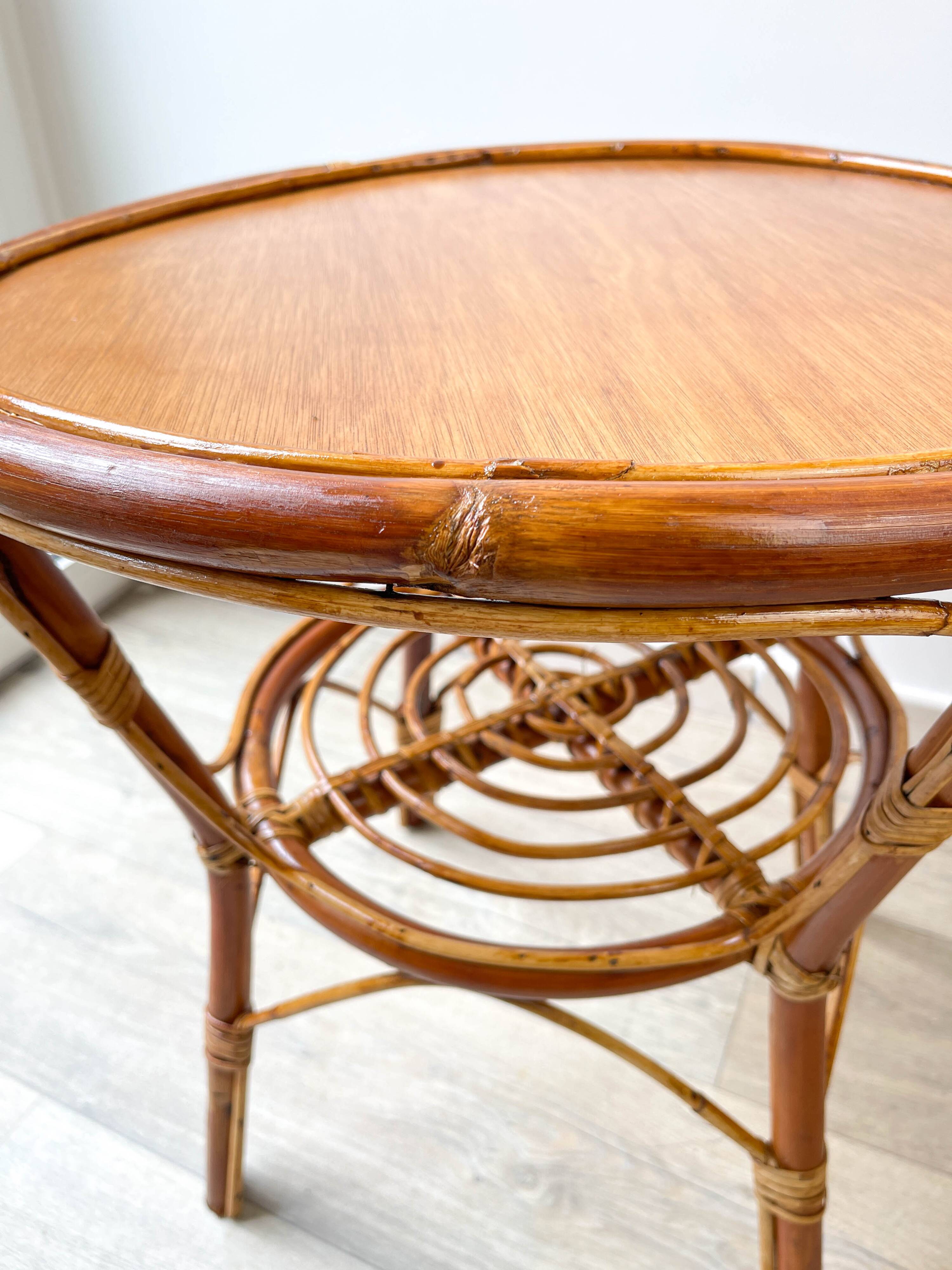 Vintage round rattan coffee table 1970