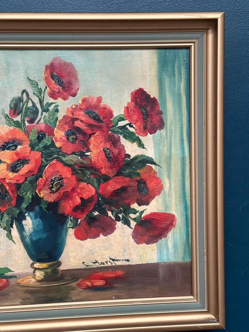 Original Swedish Oil on Canvas – "Red Poppies in a Blue Vase" by C. Horst – Signed – Vintage and Framed – 72 × 62 cm (28.3" × 24.4")