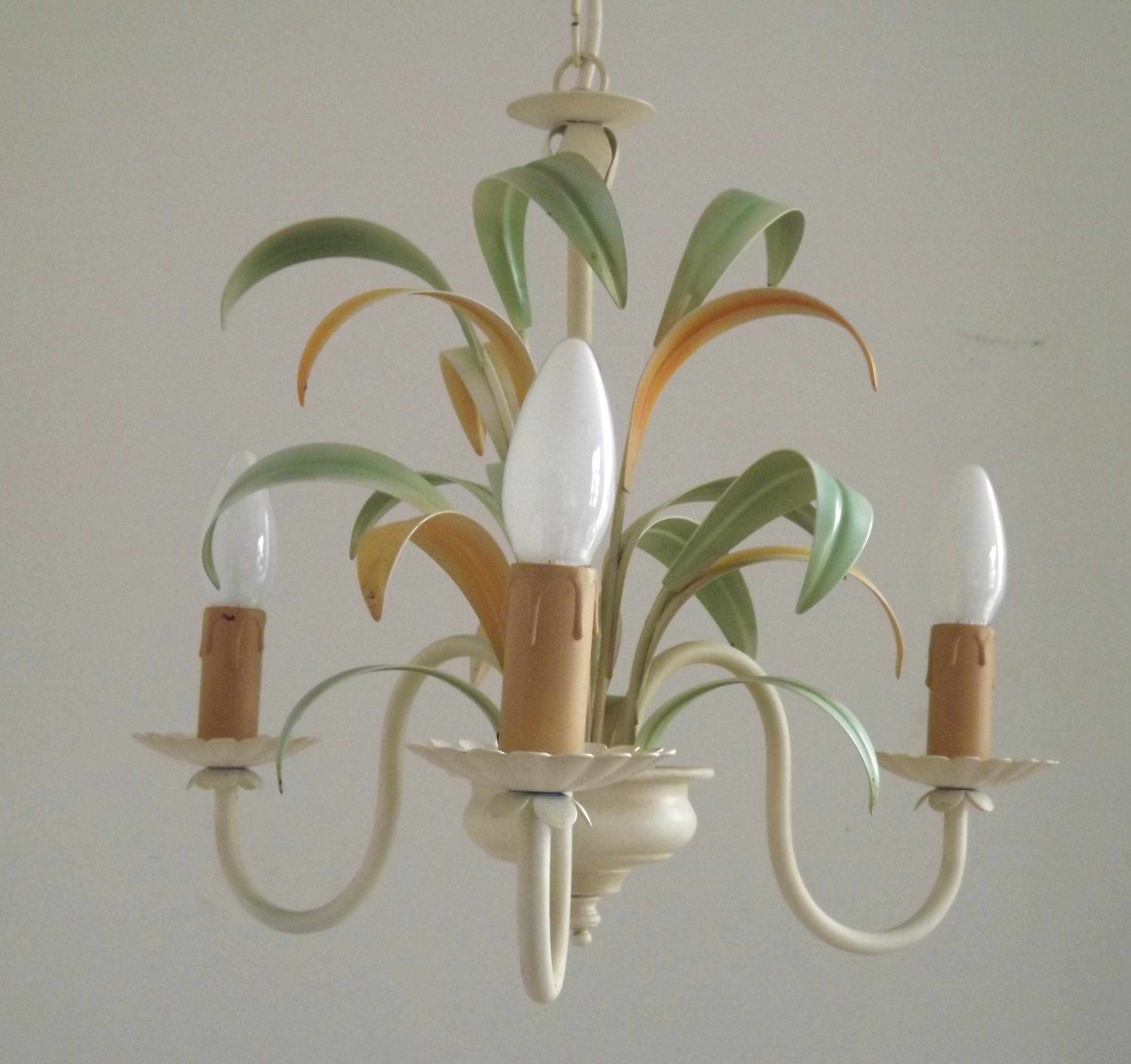 French Vintage Cream 3 Light Chandelier Green and Peach Leaves