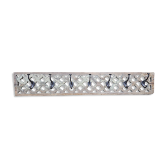 teak wall coat rack with 7 double cast iron hooks