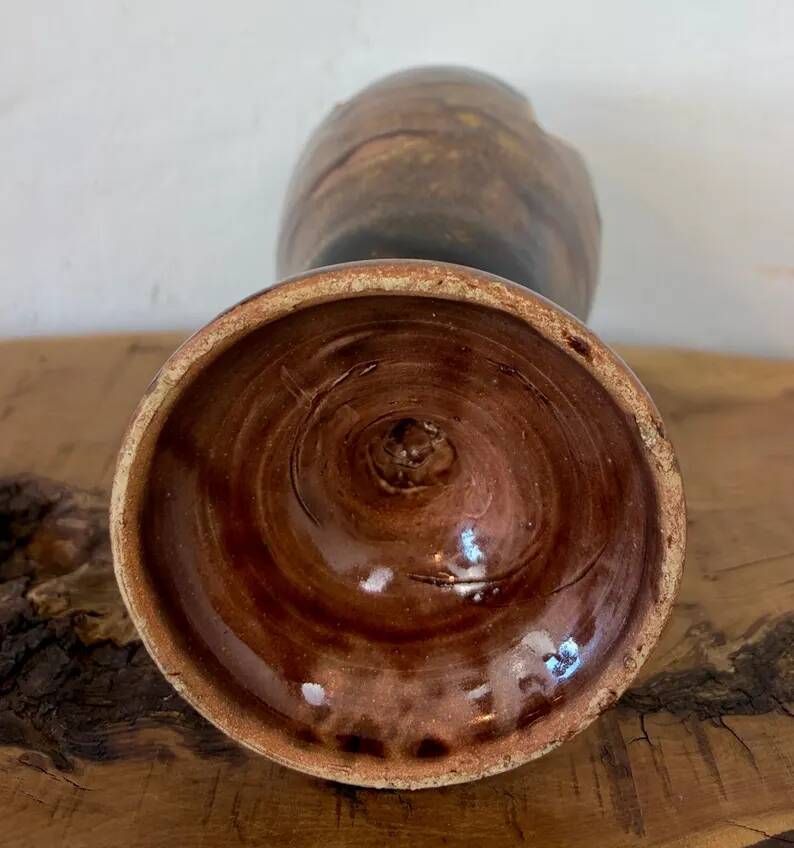 Vintage Mid-Century Modern Studio Pottery Tulip Lotus Bud Pedestal Vase - Earthen Brown & White Glaze