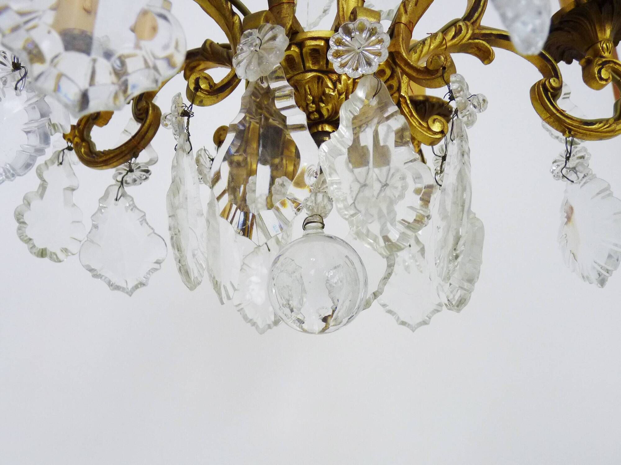 Bronze cage chandelier with glass pendants, 8 lights. tassel chandelier. 60s
