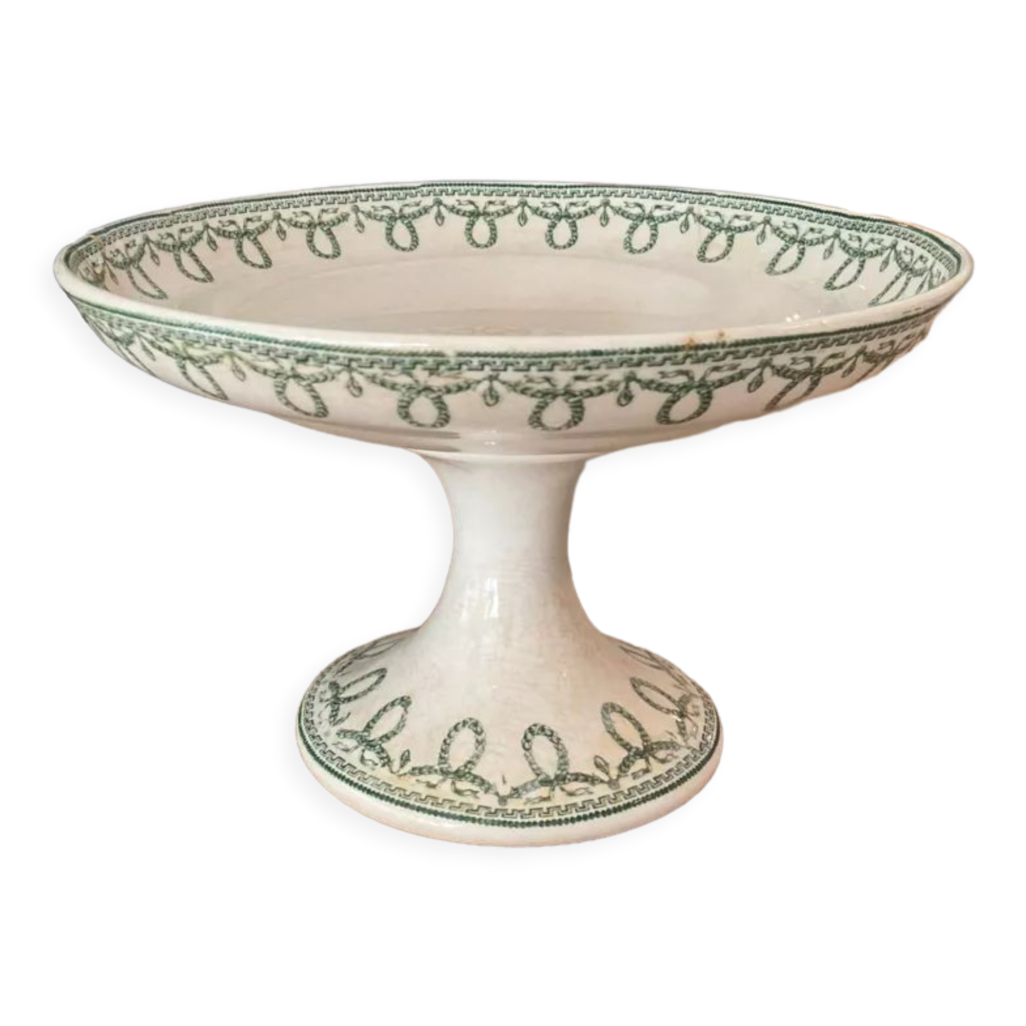 Compotier Belgian faience brand Boch brothers Keramis La Louvière model Bonaparte antique style green fruit cut