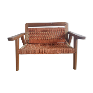 Banc ancien bois et corde tréssé
