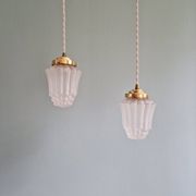 Pair of Art Deco Skyscraper-style pendant lights in frosted glass, 1920-30