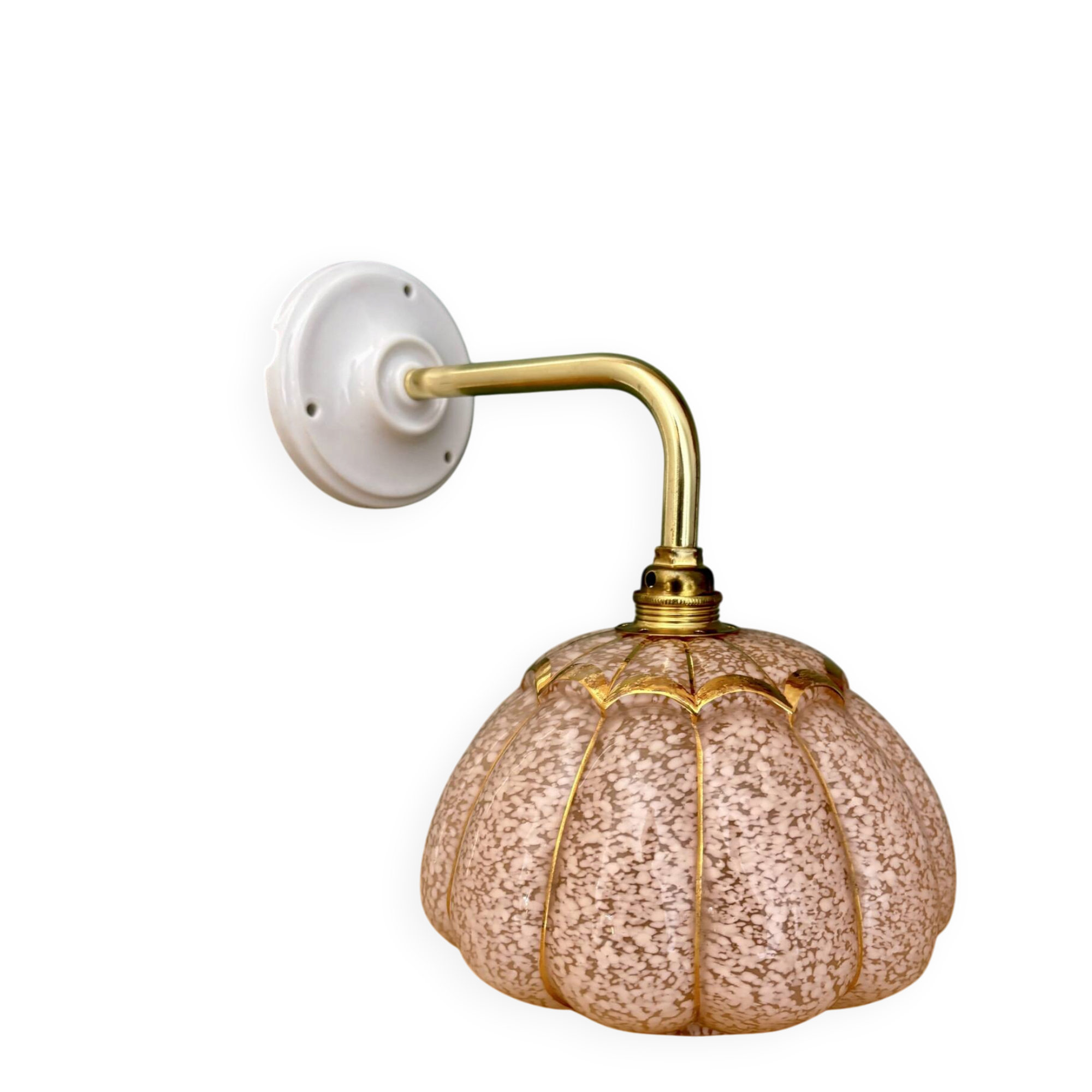 Vintage glass wall light with a pink and gold Clichy globe.