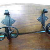 Wooden wall coat rack and its 4 wrought iron hangers, 60s