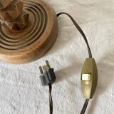 Pair of carved wood and macramé bedside lamps