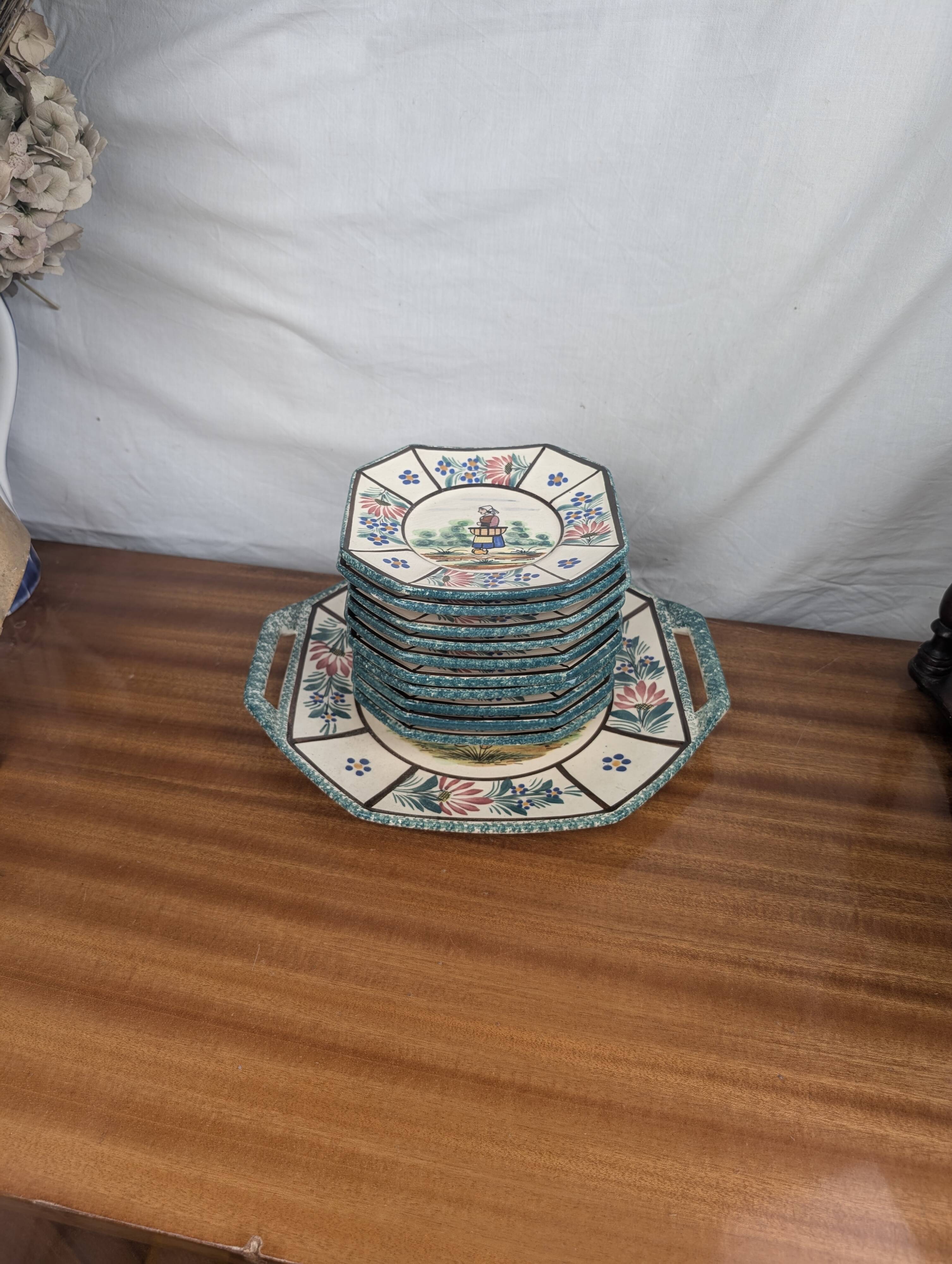 Henriot Quimper RM Octagonal Dessert Service Breton Couple Art Deco Style