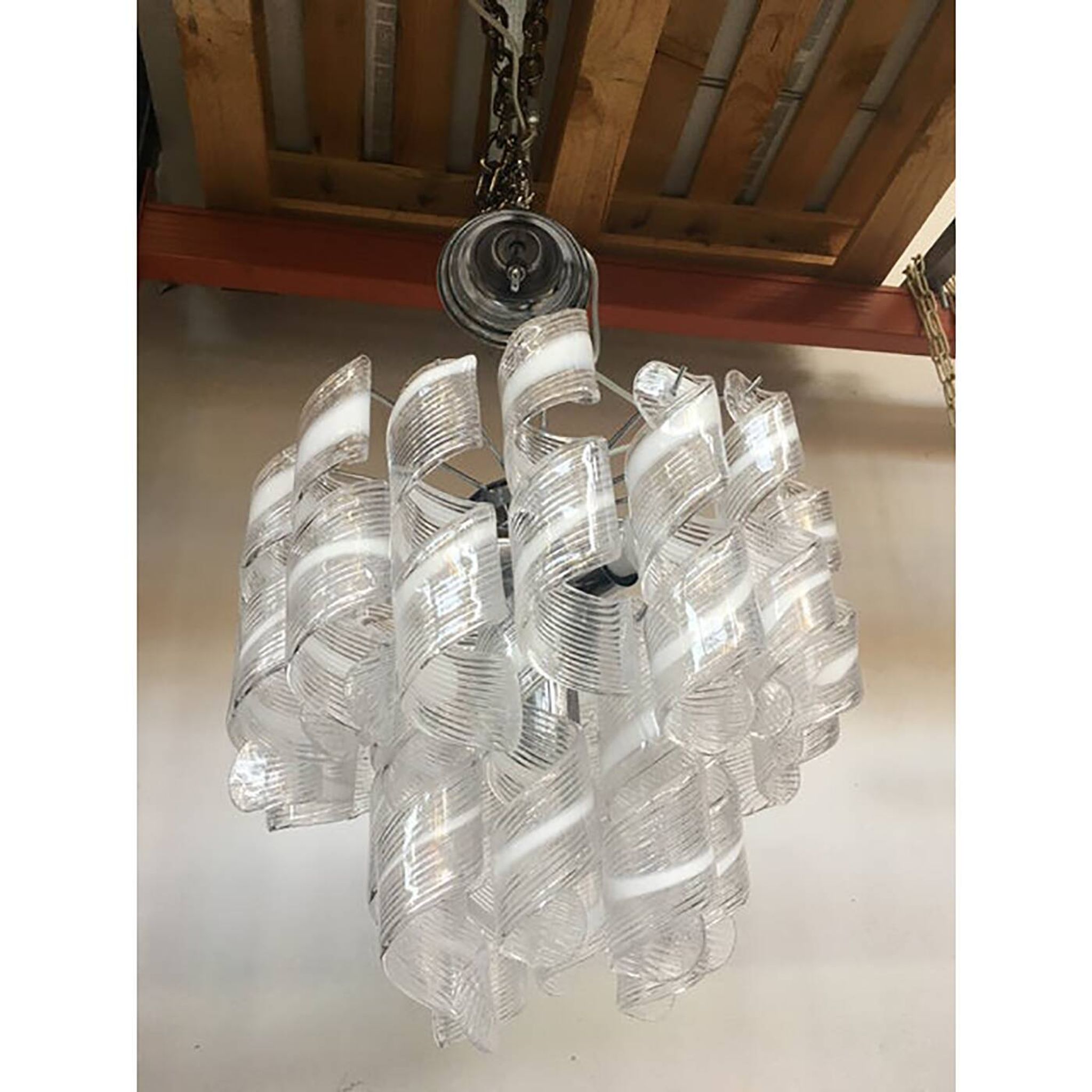Murano Glass Sputnik Chandelier With Swirling Italian Glass Clear and White