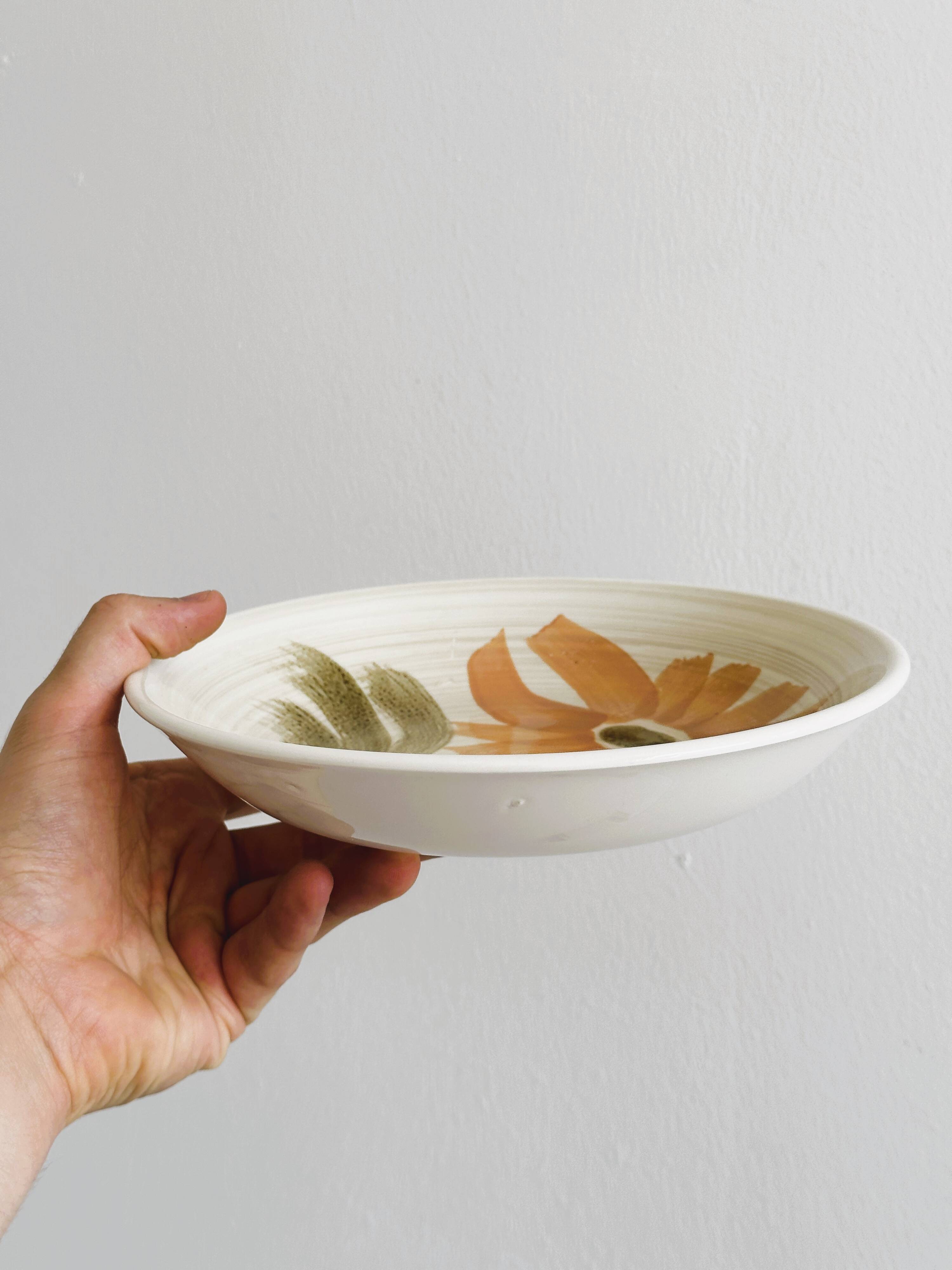 6 soup plates with floral decoration, Sarreguemines earthenware, hand painted.